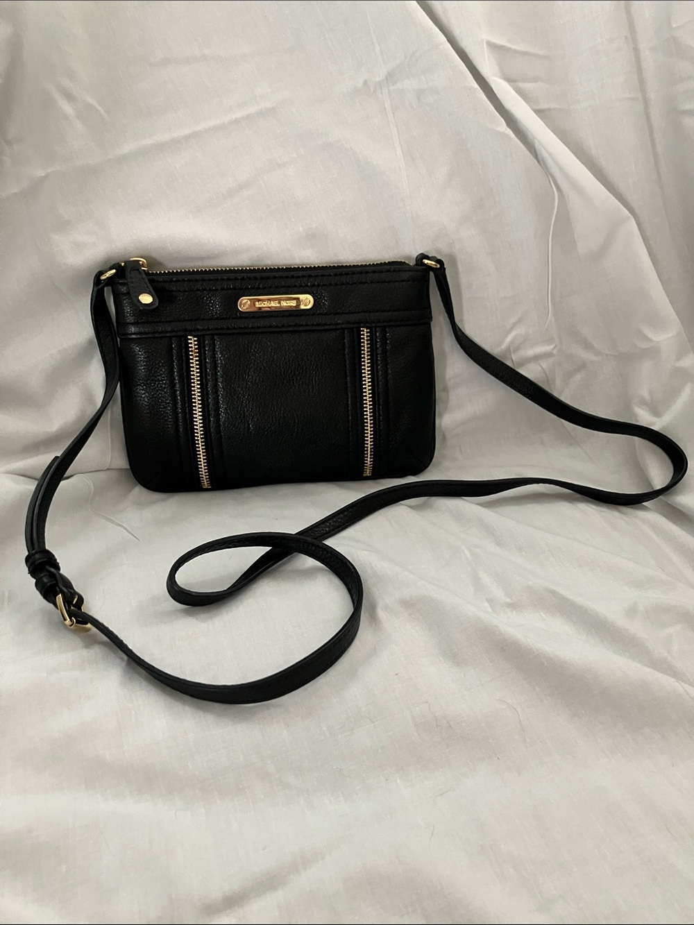Michael Kors Black Leather Crossbody with Gold-Tone Accents